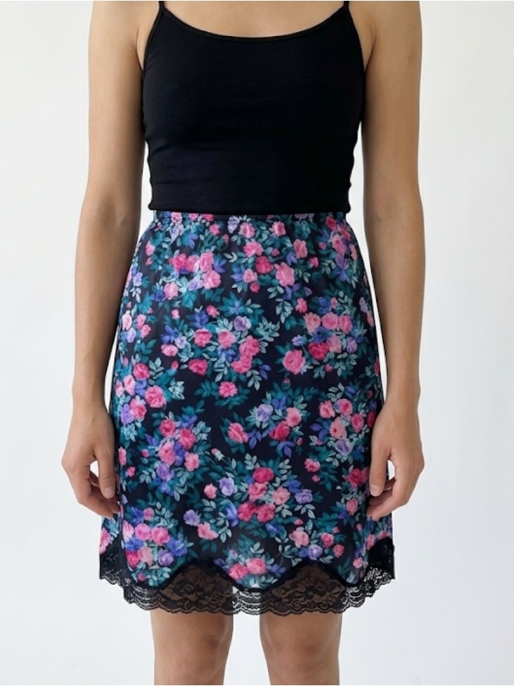 Vanity Fair Floral Slip Skirt Cottagecore | Stretchy | Lace Trim‎ Midi Slip